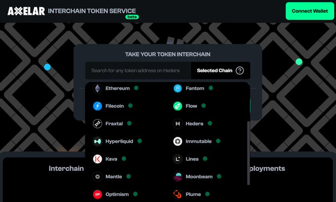 Screenshot of Axelars interchain token service interface with dark background featuring Connect Wallet button title Take Your Token Interchain search bar for addresses on Hedera dropdown for selected chain showing options like Ethereum Fantom Polygon Flow Hedera Axelar Kava Luna Interchain Osmosis Moonbeam Optimism Plume and diamond pattern overlay