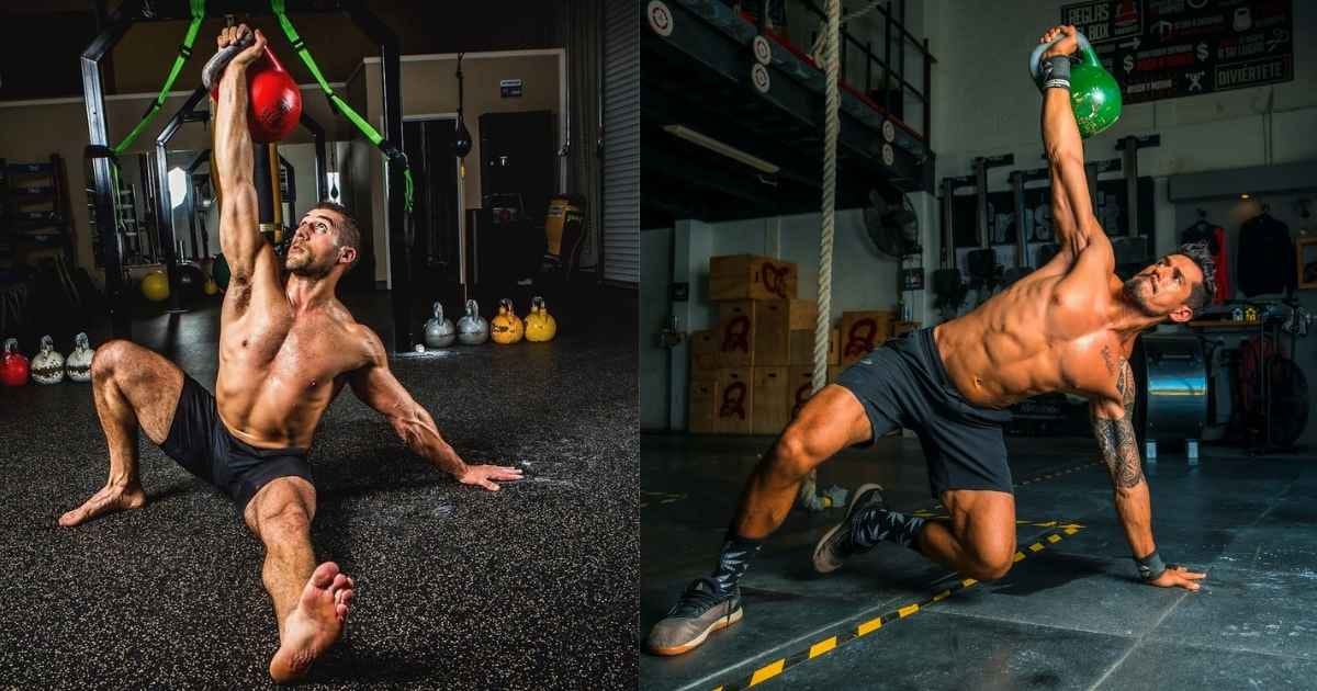 Two images showing the different stages of a kettlebell Turkish get up Two images showing the different stages of a kettlebell Turkish get up