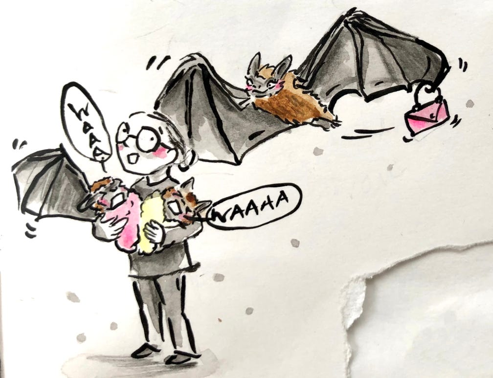 illustration. person holding 2 baby bats while mother bat is flting off