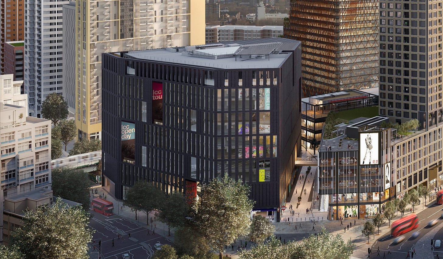 Visualisation of the new LCC building – a tall, large black structure with tall windows, with trees and a roundabout in the foreground, and tall new buildings in the background