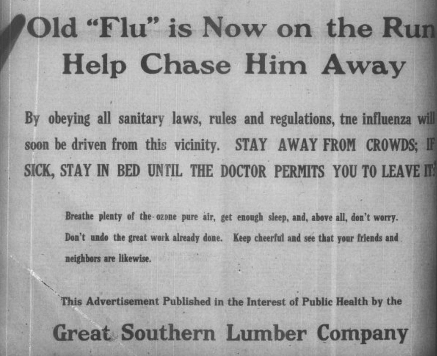 A newspaper page that's actually a full-page ad taken out by a lumber company. It encourages people to stay home if they're sick...and to "keep cheerful"