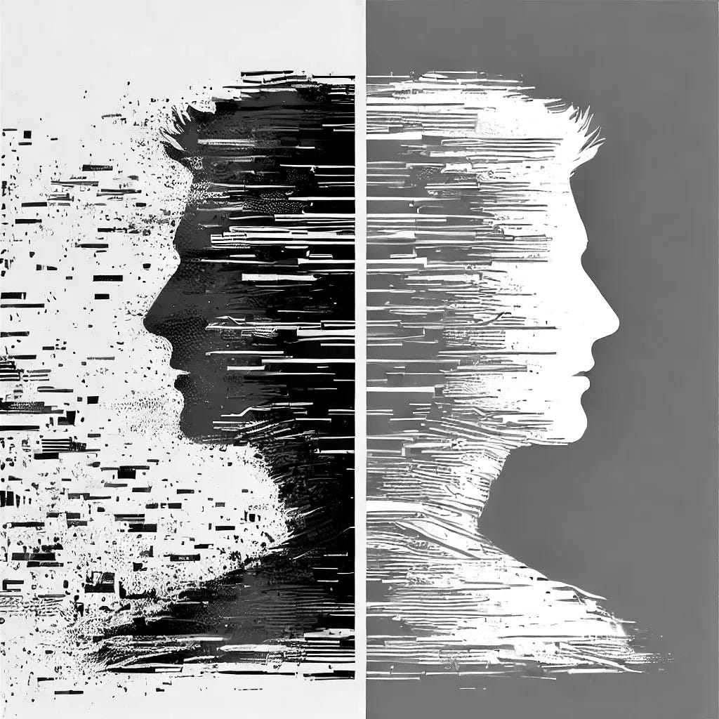 A split image of two silhouettes facing right and left, illustrating the concept of transitioning from one identity to another. 