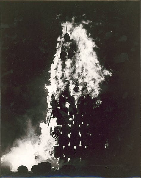 Three images of bonfires erected for the Duxbury Days celebration