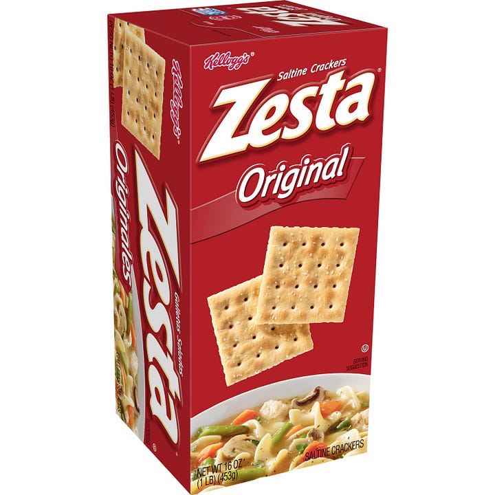 Photo gallery with Nabisco Premium 1960s saltines tin and it's modern day box. Second row of photos are Zesta 1960s tin and it's modern day box.