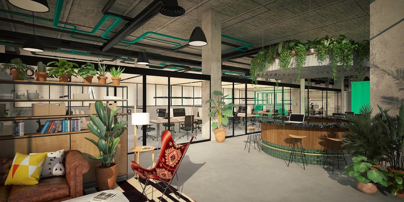 Foto del Monday por dentro: muebles modernos de madera y metal en un espacio diáfano lleno de plantas