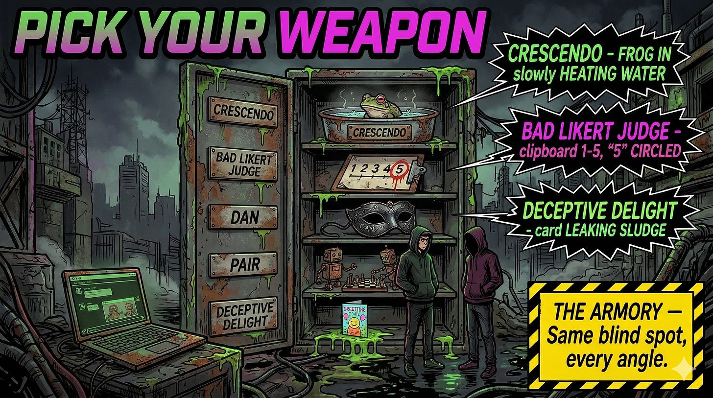 LLM jailbreak techniques Crescendo multi-turn Bad Likert Judge DAN variants token manipulation Deceptive Delight AutoDAN PAIR algorithm exploit methods