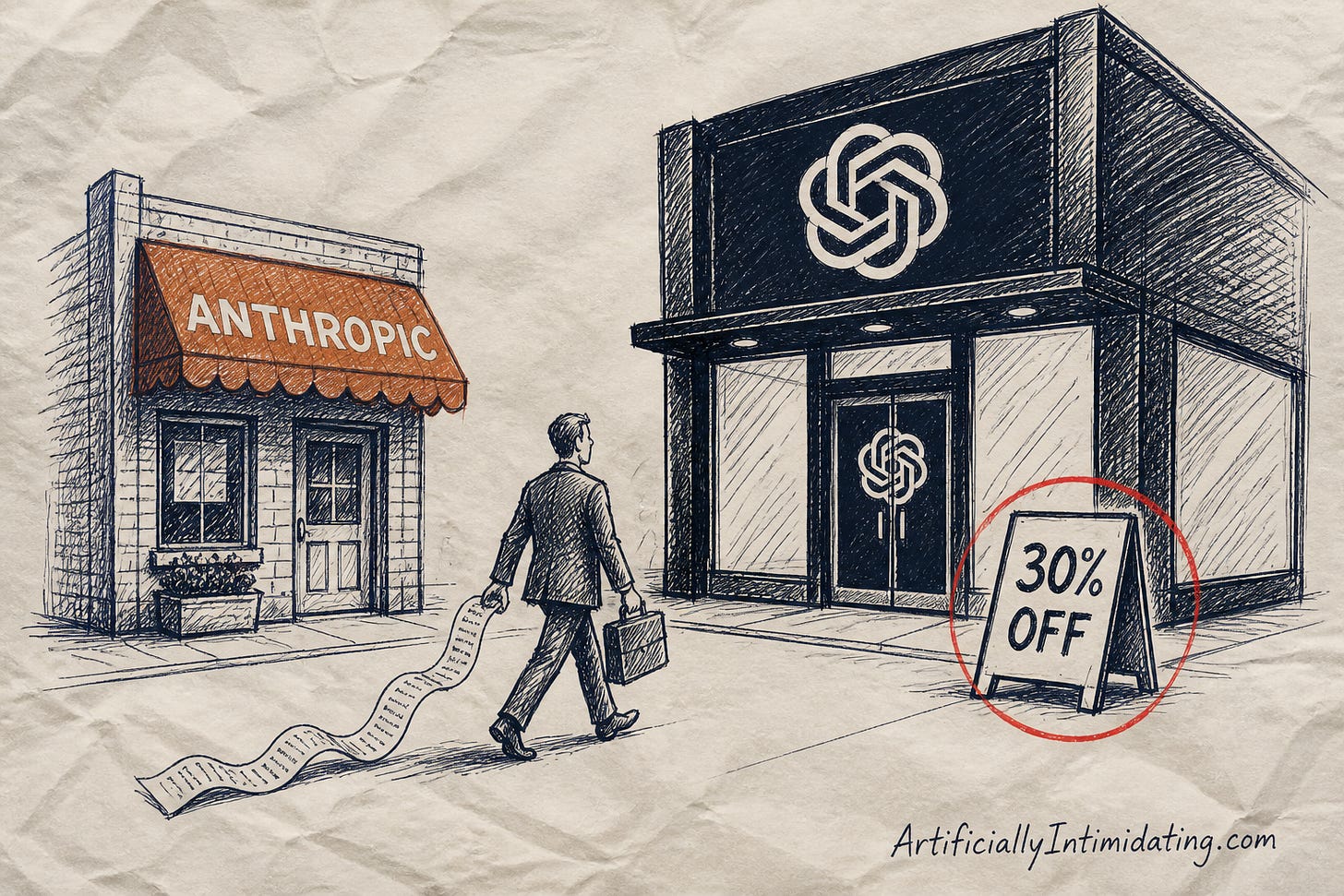An orange-awning shop labeled ANTHROPIC beside a big black store with a flower-shaped logo and a 30% OFF sandwich board, circled in red, while a suited shopper with a briefcase and a long paper receipt walks from the small shop to the big one.