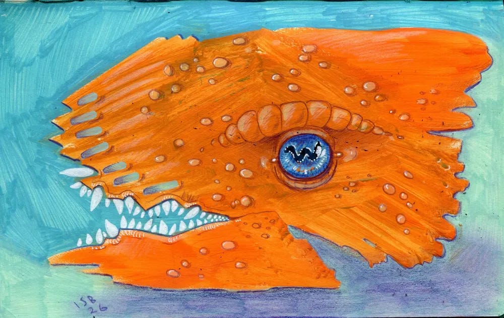the head of a strange orange beast on a blue background