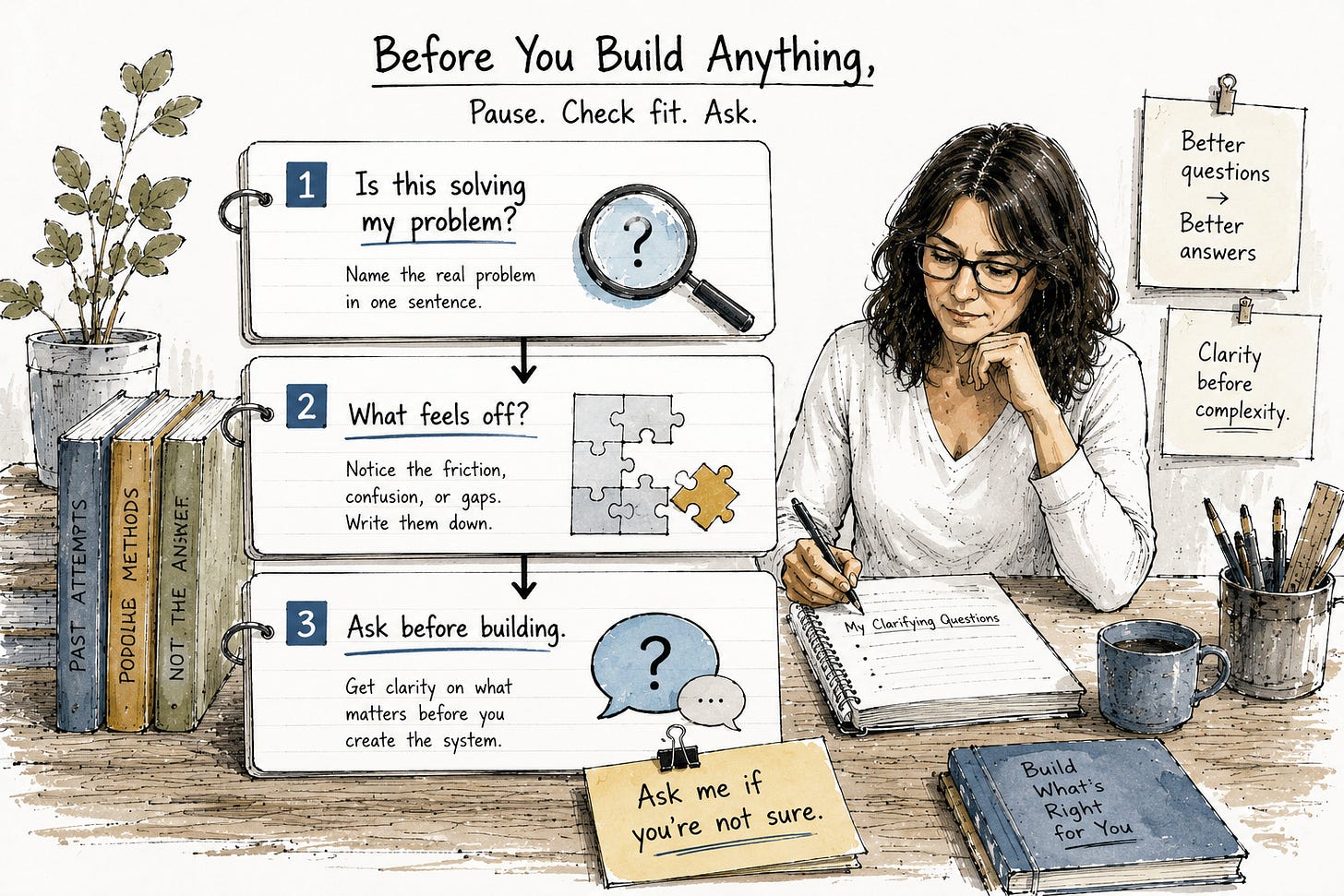 Editorial illustration of a woman reviewing a simple three-step decision process before adopting a new method. Three large cards ask whether the method solves the real problem, what feels off, and to ask clarifying questions before building. A handwritten note reading "Ask me if you're not sure" reinforces using AI as a thinking partner instead of blindly following recommendations.