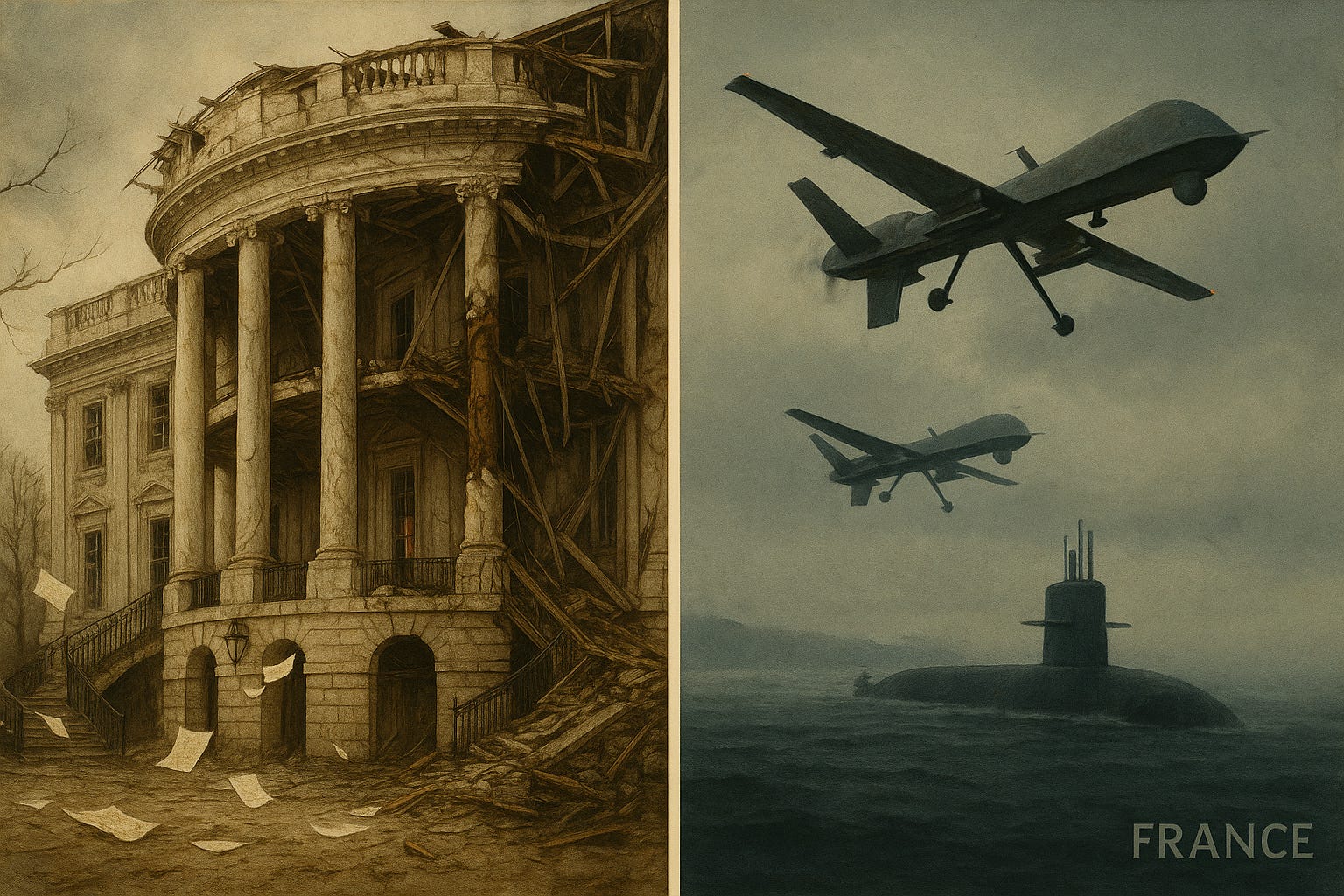 . Split-Screen: EU Submarine + East Wing Ruins Alt: A split image showing drones over a French nuclear submarine on one side and a demolished White House wing on the other, reflecting global instability.