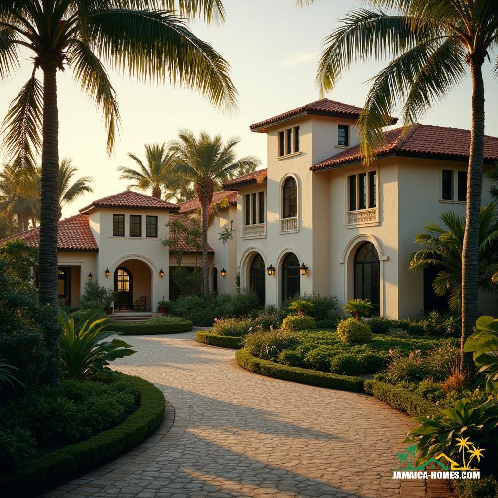 A majestic Mediterranean Revival estate in Jamaica, with stucco walls, terra cotta red-tiled roofs, and arched windows, set amidst lush tropical gardens