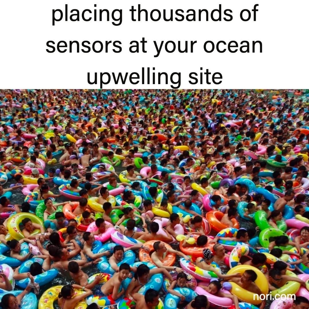 An overcrowded swimming pool packed with people in colorful inflatable rings, under the text "placing thousands of sensors at your ocean upwelling site".