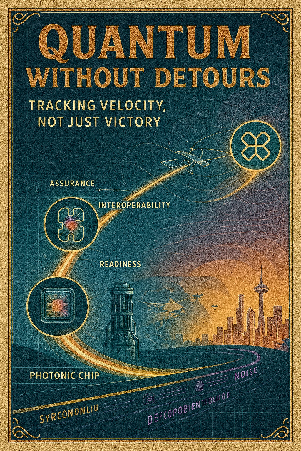 Create a visually compelling and conceptually rich image for the article titled 'Quantum Without Detours: Tracking Velocity, Not Just Victory'. The image should symbolize the urgency and strategic relevance of quantum computing progress. Include elements like photonic quantum circuits, satellite-based quantum key distribution, and a glowing timeline marked with milestones such as error-correction thresholds and deployment readiness. The visual should evoke clarity, velocity, and cross-sector impact, with a palette of deep blues, radiant golds, and neon purples.