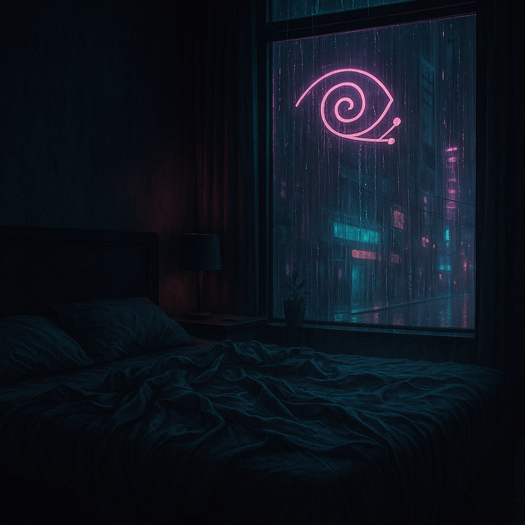 Cyberpunk bedroom with rainy city view