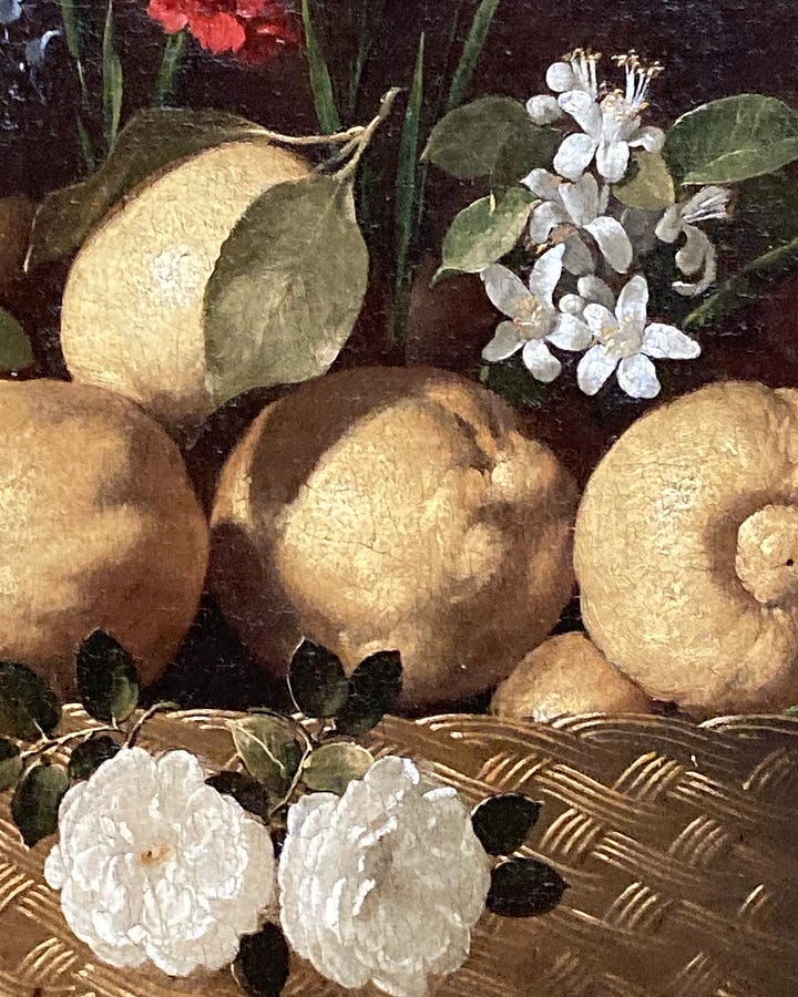 Images of the meditation workshop in Room 30 of the National Gallery. The painting shows a still life bowl of lemons, flowers, apple blossom and flowers. Workshop tutor Emma Mills also picture.