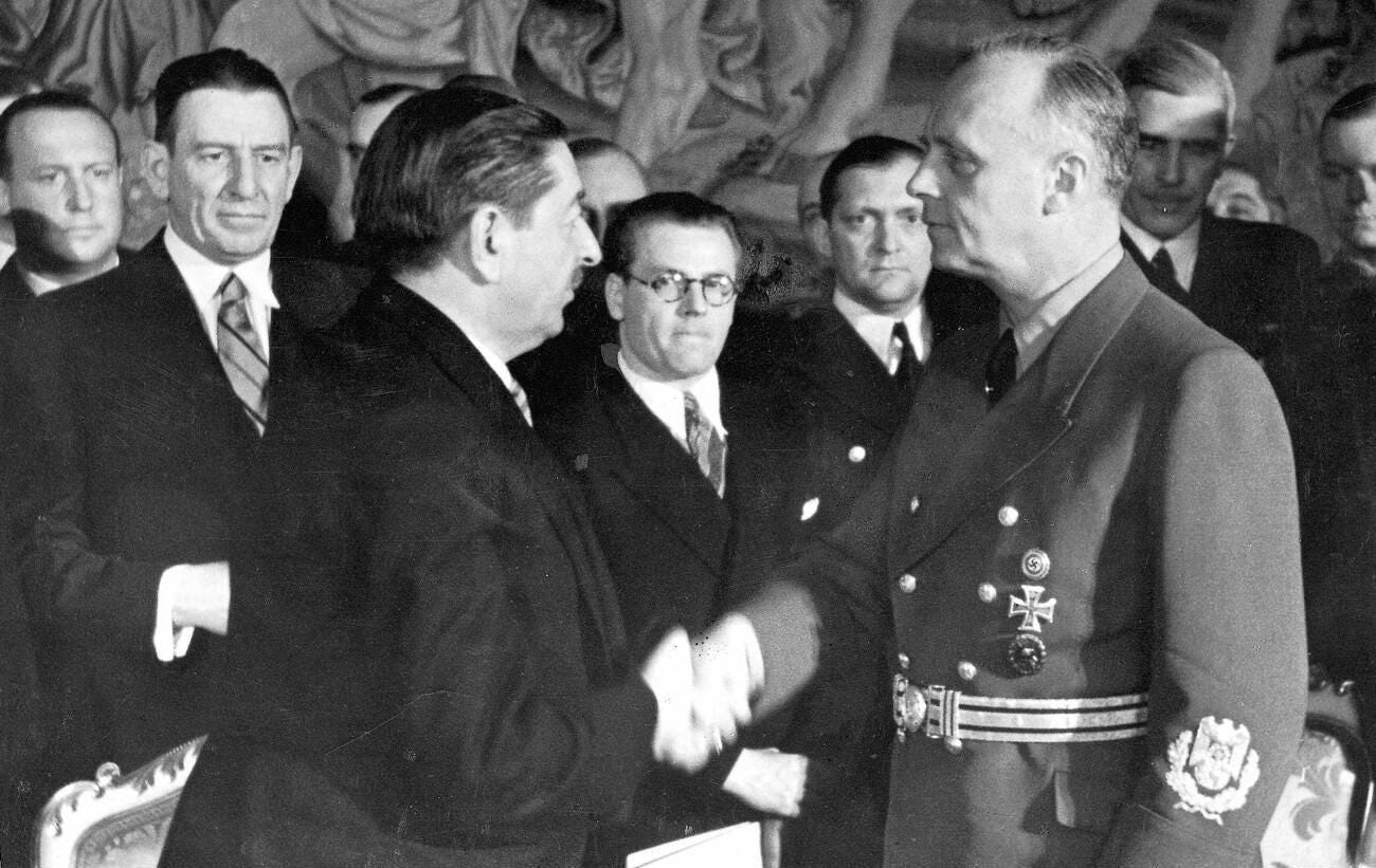German Foreign Minister Joachim von Ribbentrop congratulates Yugoslav Prime Minister Dragiša Cvetković for joining the Axis alliance, March 1941. Two days later, Cvetković’s government was overthrown, leading to an Axis invasion.