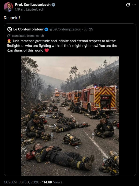 Repost von Prof. Karl Lauterbach eines KI-generierten Bildes über spanische Feuerwehrmänner Repost von Prof. Karl Lauterbach eines KI-generierten Bildes über spanische Feuerwehrmänner