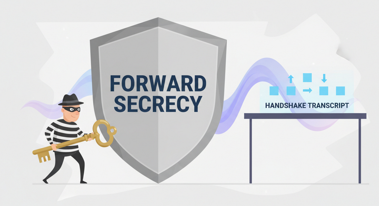 A ‘Forward Secrecy’ shield stops a classic key theft, but a quantum wave bypasses it to reach a recorded handshake transcript A ‘Forward Secrecy’ shield stops a classic key theft, but a quantum wave bypasses it to reach a recorded handshake transcript