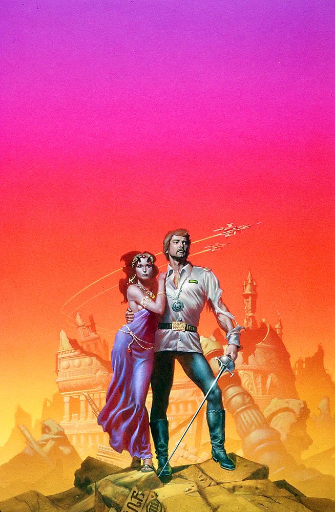 A swashbuckling hero stands with arm wrapped around the waist of a beautiful alien woman with short black horns curving out from her forehead. In a silky gown, she leans in, resting a hand on his shoulder. Concern marks her expression while he glances boldly off into the distance, handsome with chiseled features and downturned handlebar mustache. The torn white sleeve of the man’s uniform exposes taut muscle. His belt is accented with a wide gold buckle and his dark pants are form fitting down to his tall leather boots. His rapier glints in the bright sun. The pair stands in front of the wreckage of a city, dome collapsed as two needle-nosed spacecraft arc overhead. The sky is an oversaturated gradient descending from fuchsia to orange.