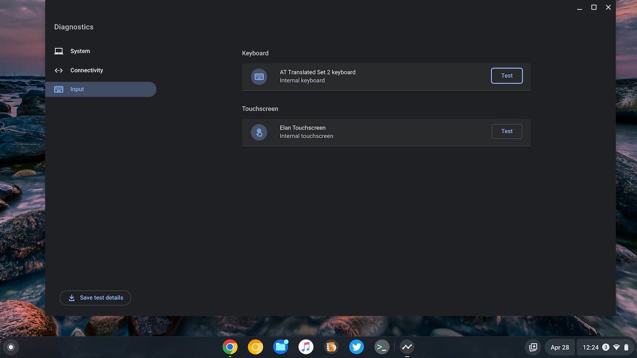 Chrome OS Diagnostics app Input tests