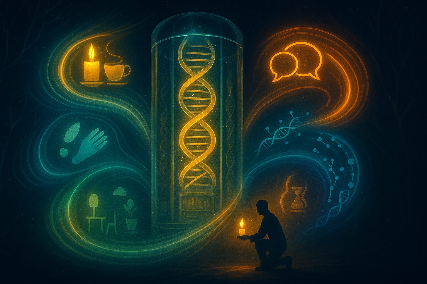 Digital, symbolic illustration showing a human figure standing at the centre of a circular field. Closest to the person are glowing everyday objects — a notebook, a candle, a chair, a doorway — representing habits, rituals, and spaces. Around that is a second ring made of cultural symbols and flowing patterns, showing shared practices. Behind everything, in the background, is a faint spiral of DNA, large and semi-transparent, as if watching and recording. The light moves from the inner, fast layer (rituals/behaviour) outward to the slower genetic layer, showing that life writes to fast channels first and only later archives to genes.
