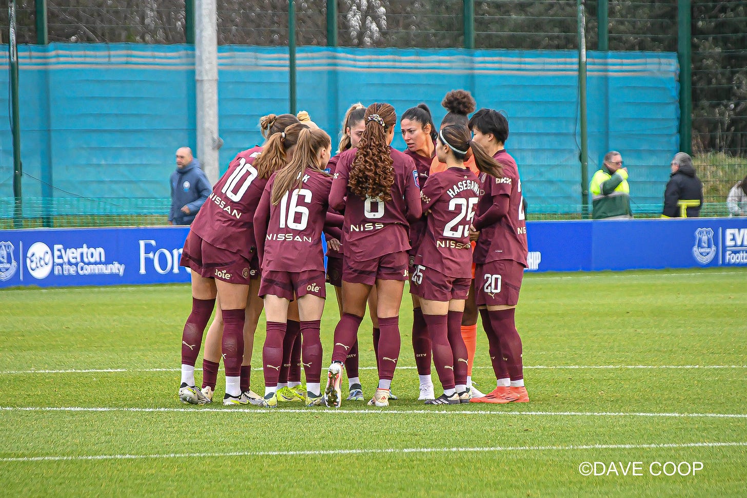 Manchester City Women gather in a team huddle during their game against Everton. Photo credit: Dave Coop Manchester City Women gather in a team huddle during their game against Everton. Photo credit: Dave Coop