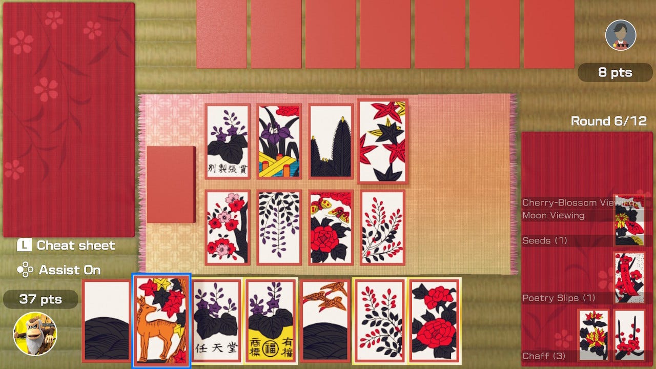 Gameplay of Hanafuda (Koi-Koi). There are cards in the middle of the table that can be matched. Below are the player's cards, visible to them. Above are the opponent's cards, not visible to the player. On each side are the matches that have been made.