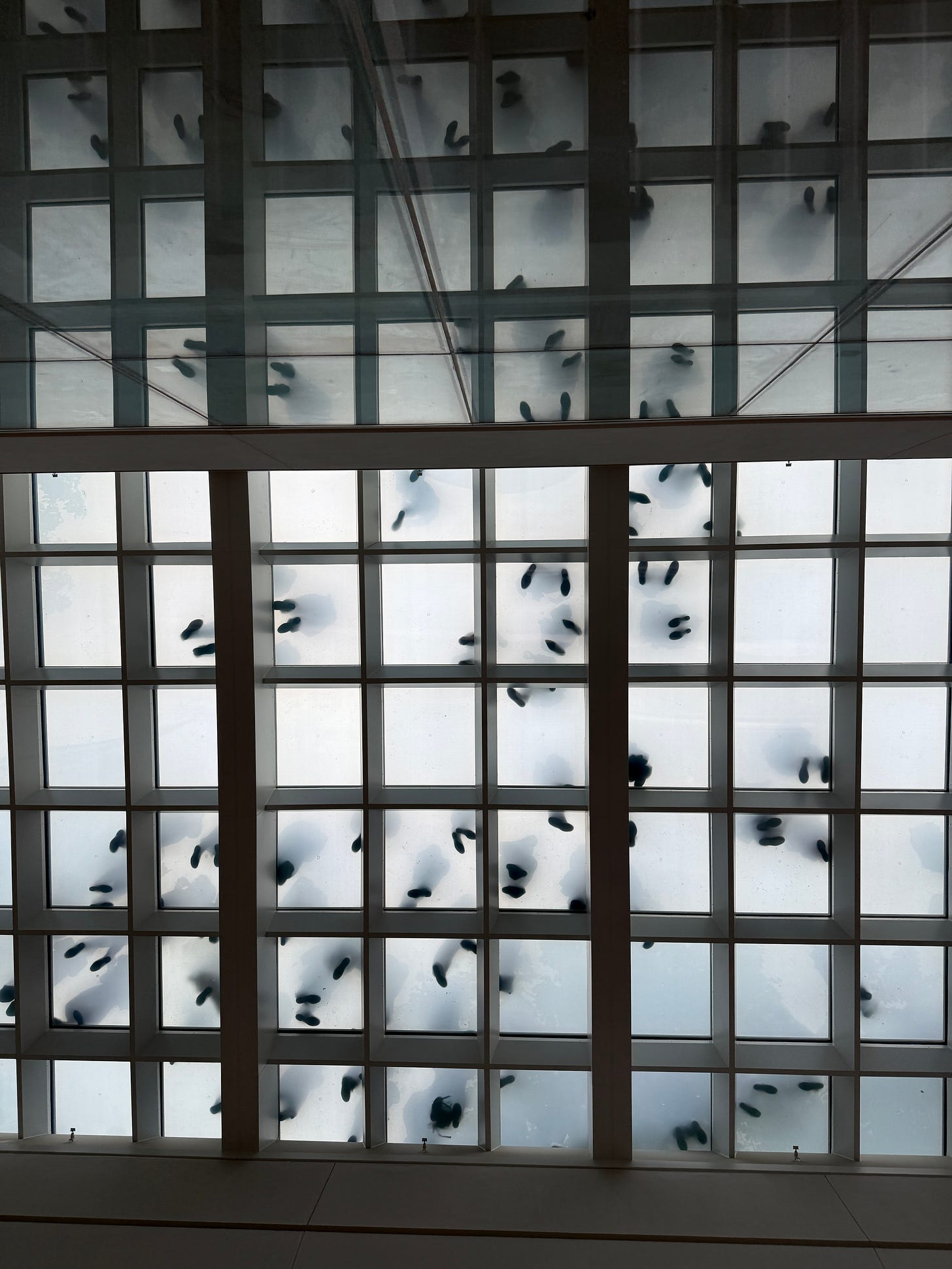 An image of a glass ceiling, ironically, with a bunch of feet visible, taken from below.