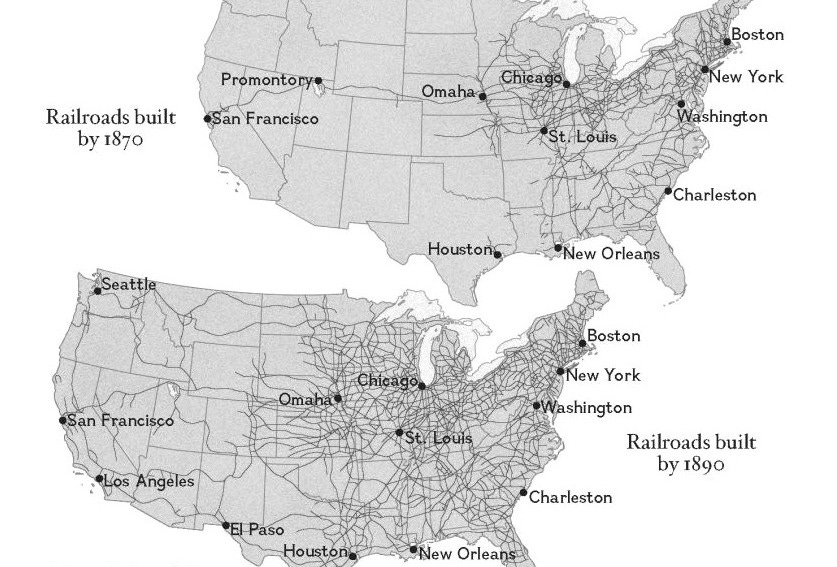 Two comparison maps of the United States showing railroad network expansion. The top map labeled "Railroads built by 1870" shows sparse railroad lines concentrated in the eastern United States with limited western coverage. Major cities marked include Boston, New York, Washington, Charleston, New Orleans, Houston, St. Louis, Chicago, Omaha, San Francisco, and Promontory. The bottom map labeled "Railroads built by 1890" shows dramatically denser railroad coverage across the entire continental United States, with extensive networks connecting all regions. The contrast illustrates how U.S. railroad track mileage exploded from 35,000 miles in 1865 to over 163,000 miles by 1890, with cities like Seattle, Los Angeles, and El Paso now connected to the national network.