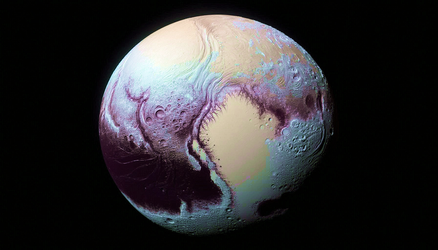 Enhanced AI generated image of dwarf planet Pluto revealing its icy heart.