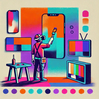 A vibrant digital illustration of a person wearing a VR headset, painting on a large smartphone screen surrounded by various colorful display panels and a palette.