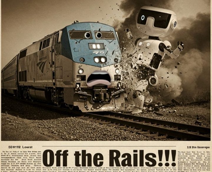 An anthropormorphic Amtrak train collides with an antrhopromorphic chat bot in an AI generated image