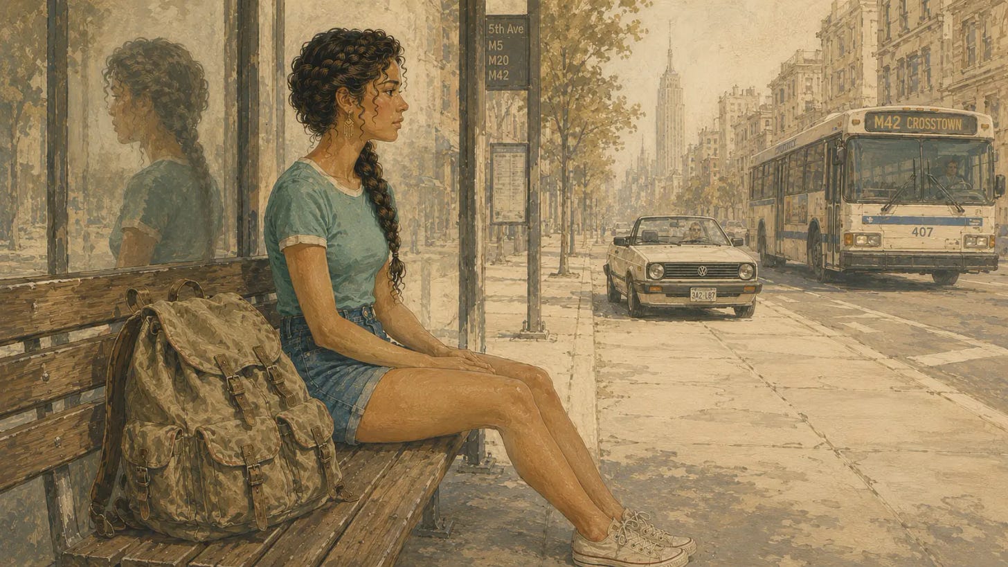 Young Latina woman with a braid waits at a city bus stop as a car and bus approach through warm morning haze. Young Latina woman with a braid waits at a city bus stop as a car and bus approach through warm morning haze.