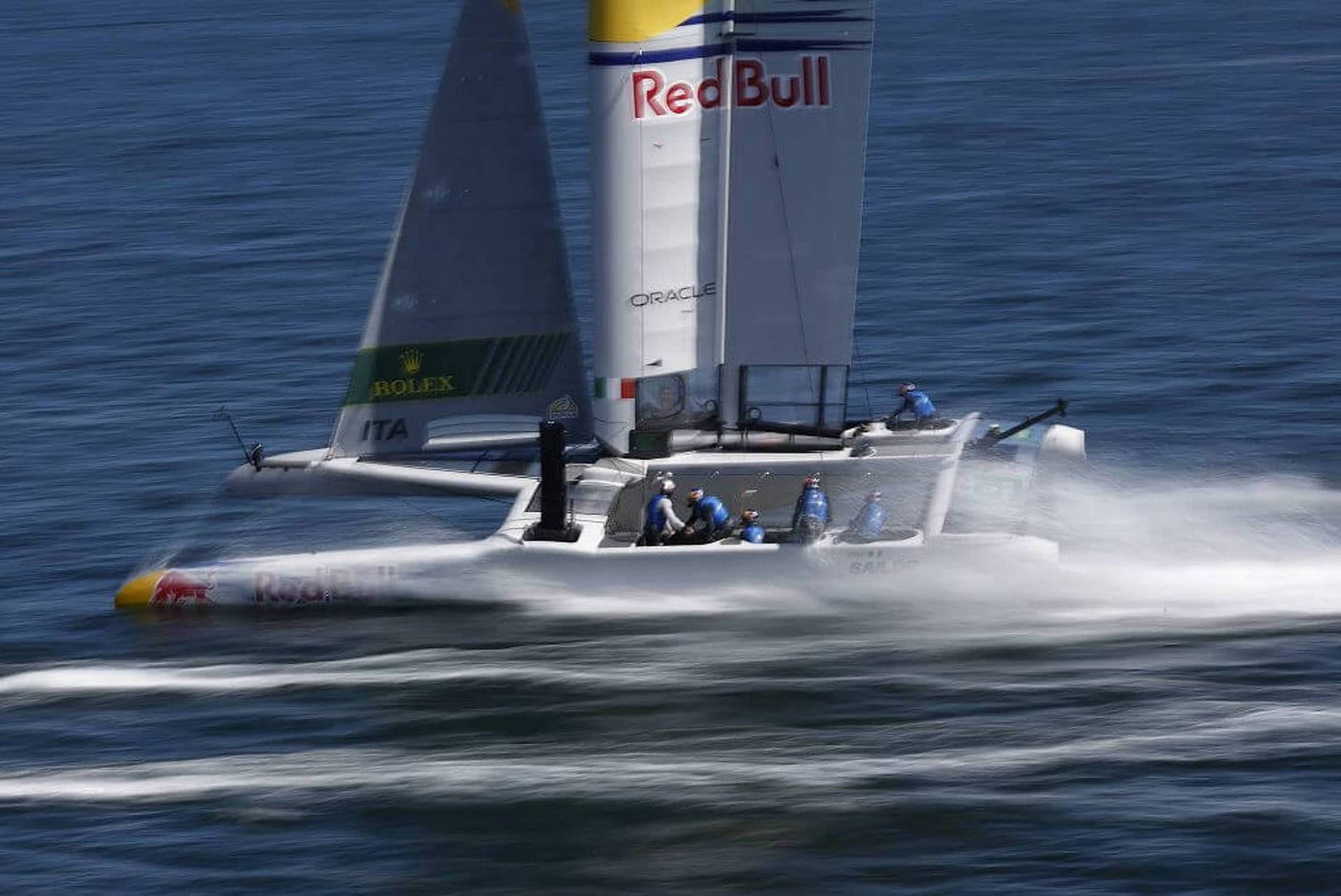 LOS ANGELES, CALIFORNIA - MARCH 15:  Ruggero Tita, driver of Italy SailGP team sails during the first day of Rolex Los Angeles SailGP racing on March 15, 2025 in Los Angeles, California.  (Photo by Ronald Martinez/Getty Images)