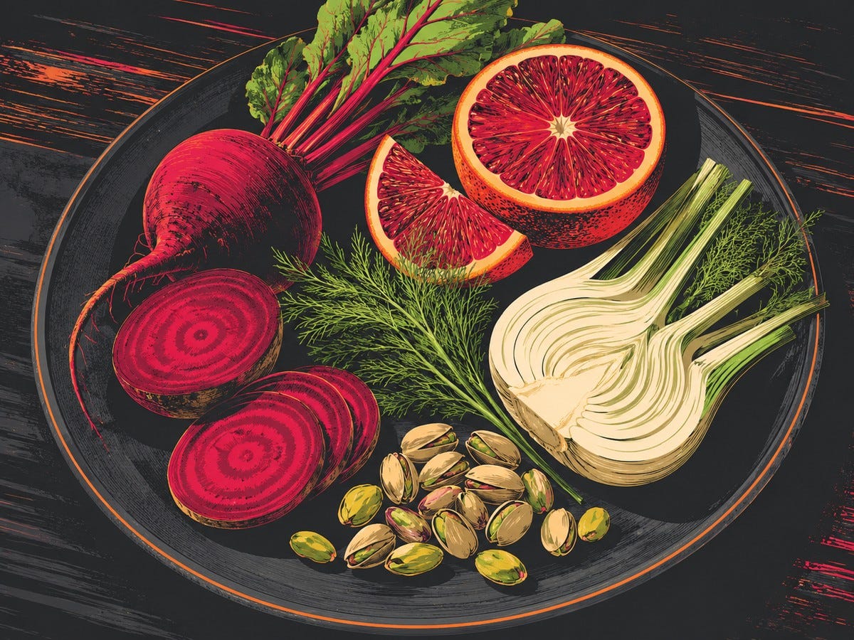 Graphic novel-style illustration of raw beets, blood orange, fennel, dill, and pistachios arranged on a dark plate on a table. Graphic novel-style illustration of raw beets, blood orange, fennel, dill, and pistachios arranged on a dark plate on a table.