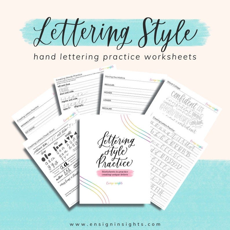 May include: A set of printable worksheets for practicing hand lettering. The worksheets include exercises for creating different letter styles, moving the baseline, and creating word collages. The title of the worksheets is "Lettering Style Practice".