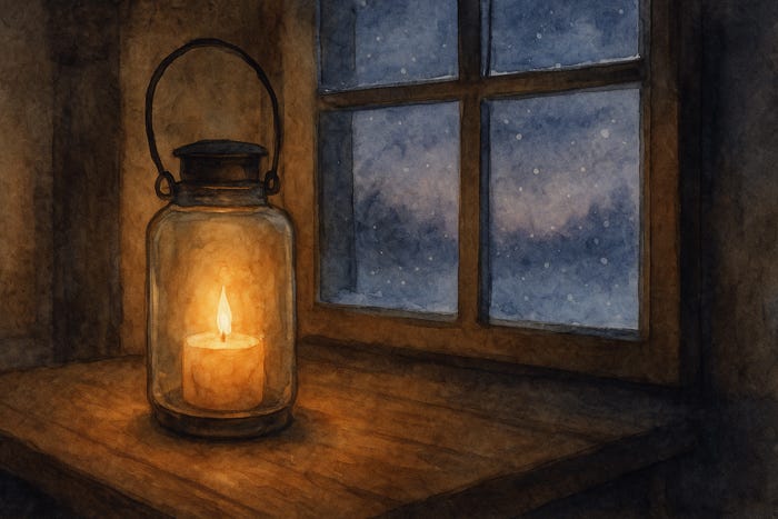 Watercolor painting of a glowing lantern on a wooden windowsill during a snowy twilight, symbolizing warmth, hope, and inner light during a year-end reflection for sensitive people.