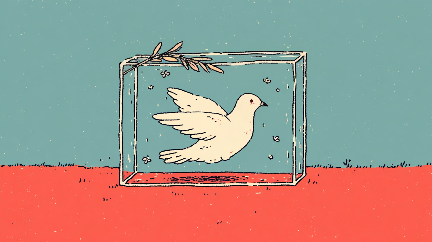 A white dove with spread wings inside a transparent glass cube
