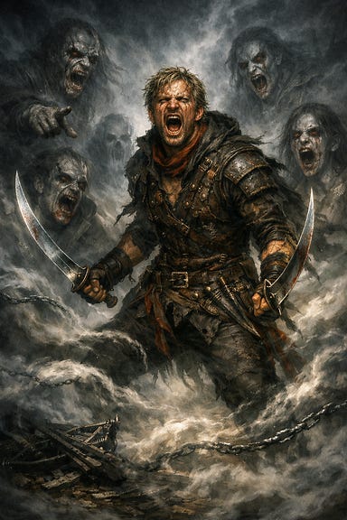 Greegan’s vision within the Mists — a furtive, sandy‑haired, grizzled rogue standing amid swirling fog, Rahadin’s twin scimitars gleaming faintly in his hands as spectral warriors rise around him with accusing, hollow‑eyed faces. The mist coils at his feet like serpents whispering his name, his crimes, his victories, while he stands lean, tense, and defiant — roaring against the ghosts of his past as the Mists recoil.