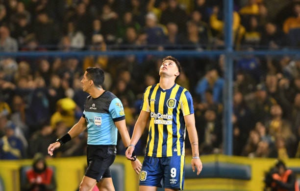 Alejo Veliz of Rosario Central celebrates after scoring the second goal during a Liga Profesional 2023 match between Rosario Central and River Plate... Alejo Veliz of Rosario Central celebrates after scoring the second goal during a Liga Profesional 2023 match between Rosario Central and River Plate...
