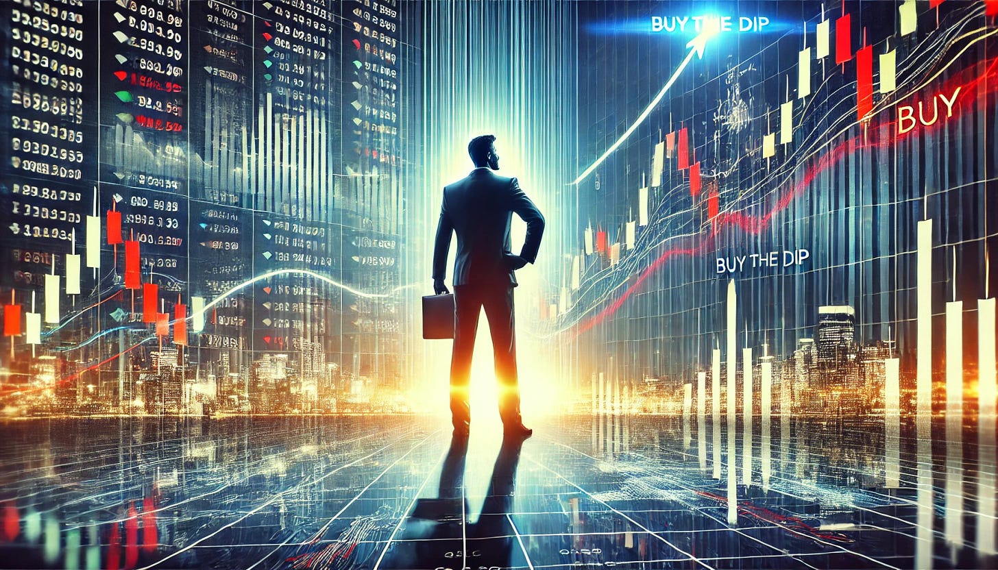 A visually engaging digital illustration of an investor buying the dip. The image shows a confident investor standing on a large financial chart with a noticeable dip in price. The investor is depicted as a silhouette or a businessperson in a suit, confidently placing a large buy order. The background features stock market data, candlestick charts, and an upward trendline emerging from the dip, symbolizing future gains. The mood is optimistic, with bright highlights and a dynamic composition.