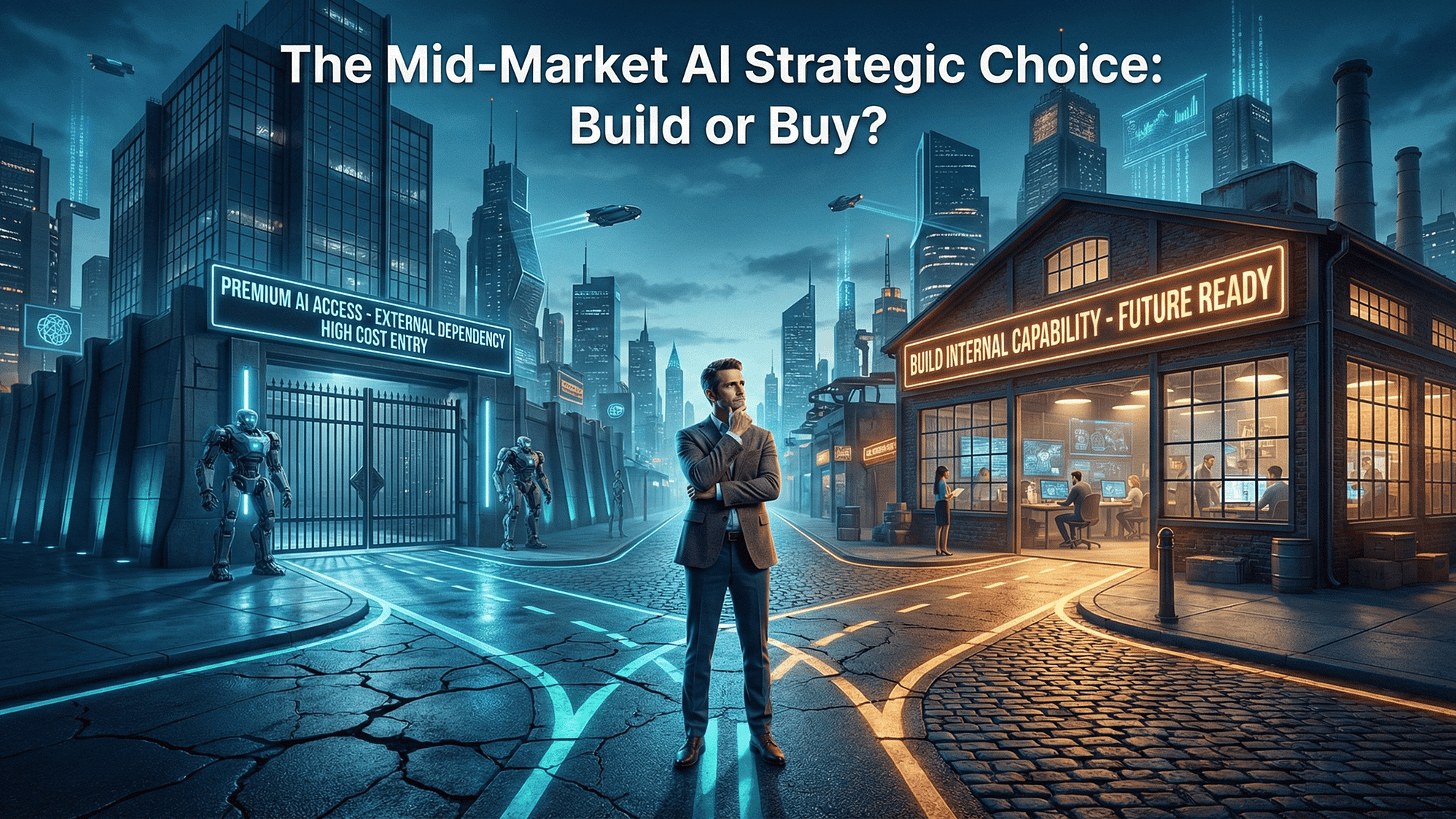 Business leader at a crossroads choosing between expensive external dependency and building internal AI capability.