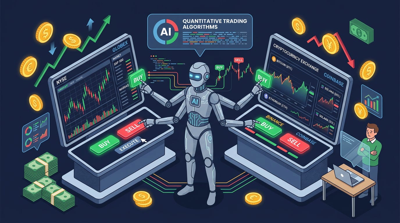 Flat isometric illustration of an autonomous AI agent standing between a stock market trading terminal and a cryptocurrency exchange, robotic hands connecting to financial charts and executing transactions, glowing buy and sell buttons, coins and market graphs surrounding the scene, small human trader watching cautiously from the side, dark navy background, clean vector art style, bold green, red and gold accents, modern financial technology editorial aesthetic Flat isometric illustration of an autonomous AI agent standing between a stock market trading terminal and a cryptocurrency exchange, robotic hands connecting to financial charts and executing transactions, glowing buy and sell buttons, coins and market graphs surrounding the scene, small human trader watching cautiously from the side, dark navy background, clean vector art style, bold green, red and gold accents, modern financial technology editorial aesthetic