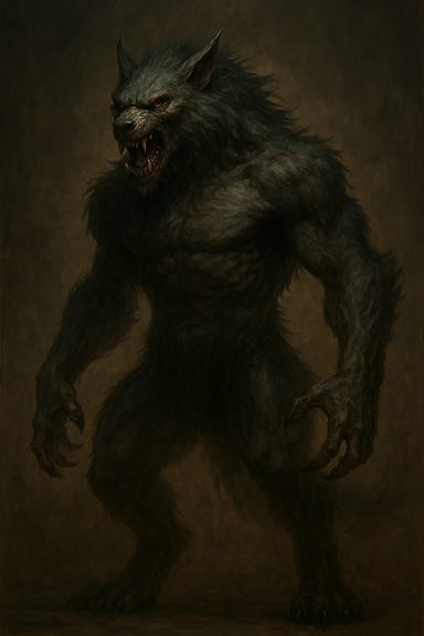 A Crinos form Garou standing in a dimly lit forest clearing under a full moon. The creature is massive and imposing, with a muscular, humanoid wolf-like body covered in thick fur. Its claws are extended, and its eyes glow faintly with supernatural intensity. The background includes mist swirling around the trees, moonlight filtering through branches, and ritual markings on nearby stones. The atmosphere is eerie but reverent, evoking ancient power and spiritual tension.
