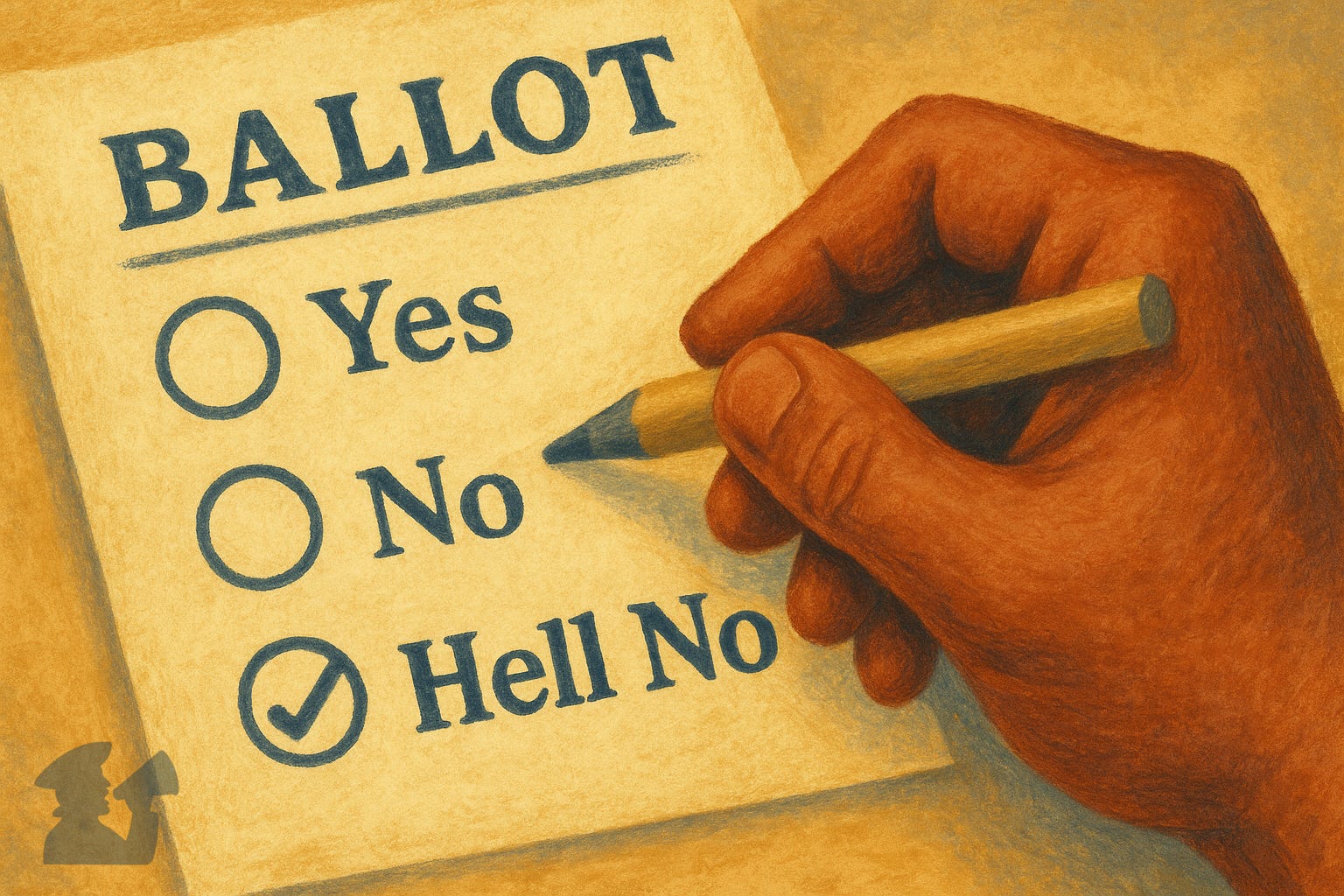 Illustration of a person filling out a ballot by checking 'Hell No' Illustration of a person filling out a ballot by checking 'Hell No'
