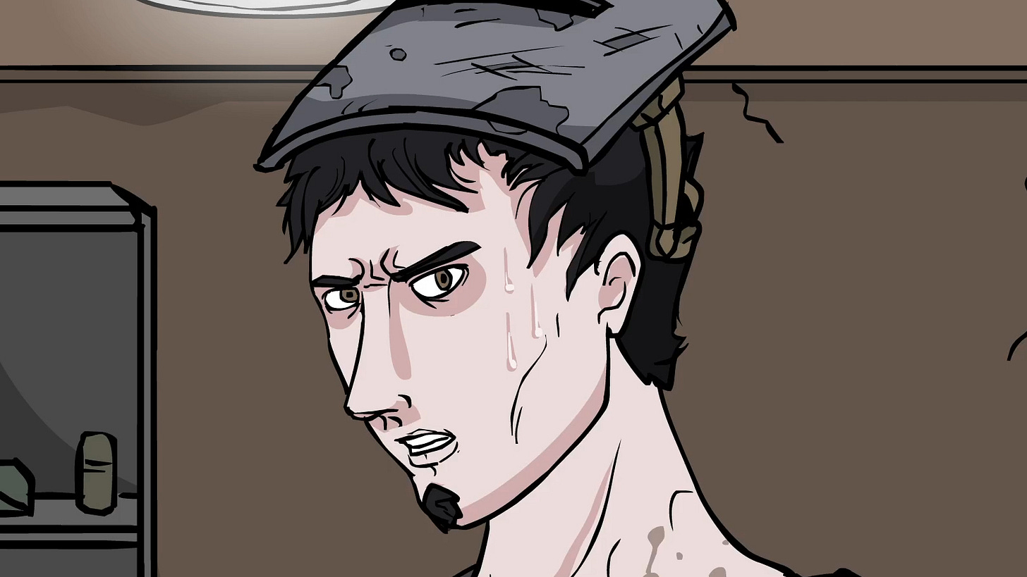 The protagonist grimacing and sternly looking towards the viewer