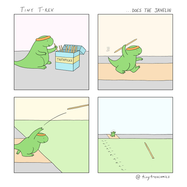Tiny T-Rex is wearing a sweatband and grabs a toothpick from a box of toothpicks. Tiny T-Rex runs with the toothpick. Tiny T-Rex throws the toothpick. The toothpick lands at the 7 inch mark on a mat with inch marks drawn on it. Tiny T-Rex cheers.