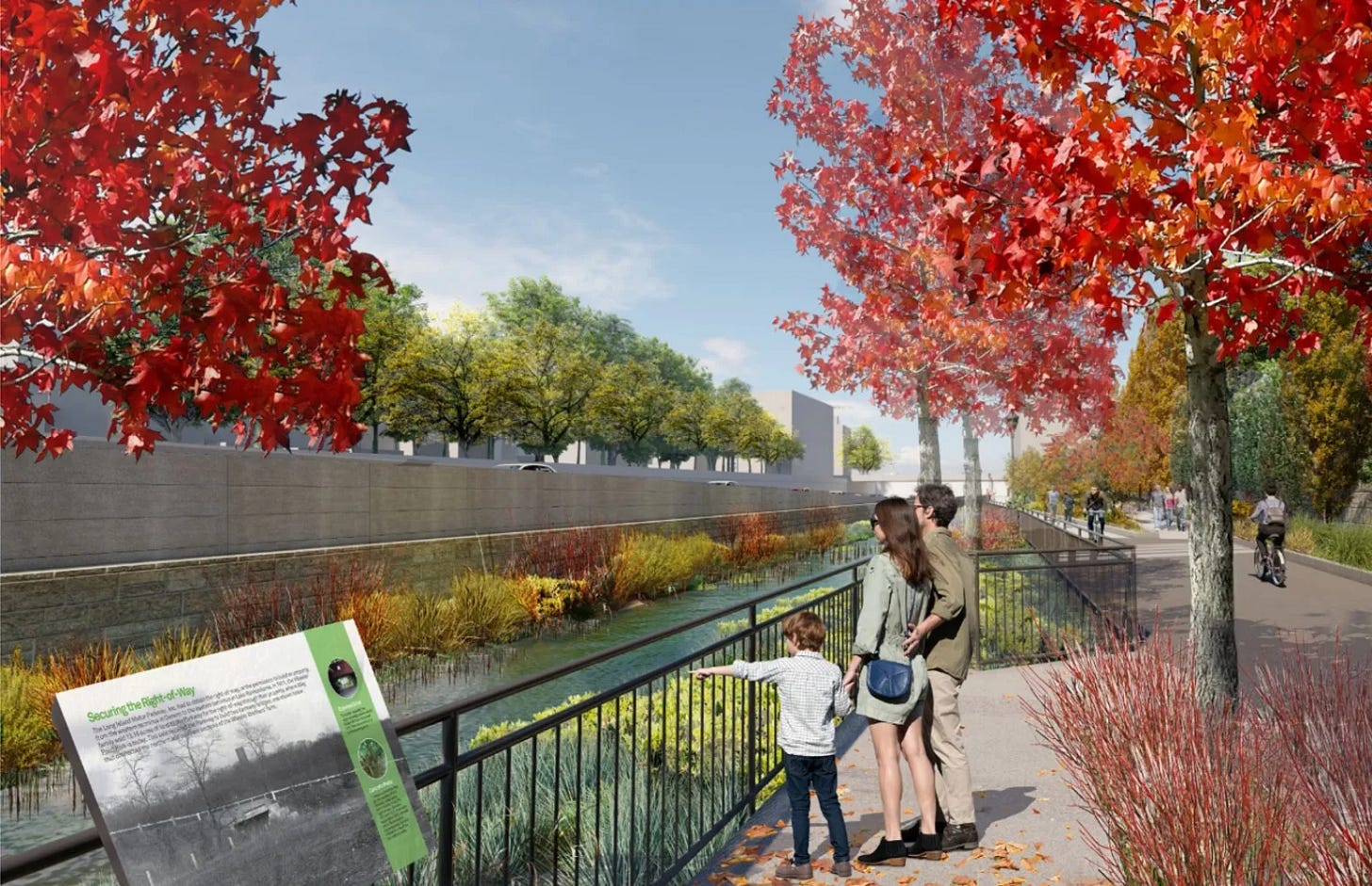 A rendering of the daylighted Tibbetts Brook and greenway project. New York City expects work to be completed by 2030.NYC Department of Environmental Protection