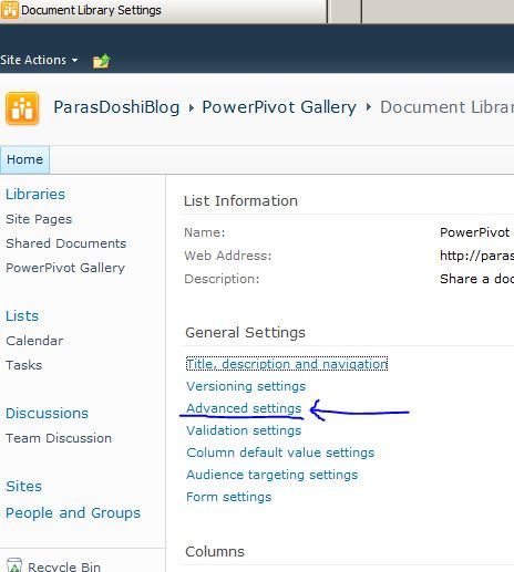 Power Pivot Document library advanced settings Power Pivot Document library advanced settings