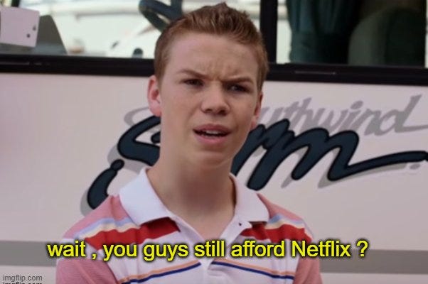 A young man with short, light brown hair, wearing a pink and white striped polo shirt, stands in front of a backdrop with the word "Southwind" in large, stylized blue letters. His expression appears surprised or questioning. Text overlay at the bottom reads, "Wait, you guys still afford Netflix?".